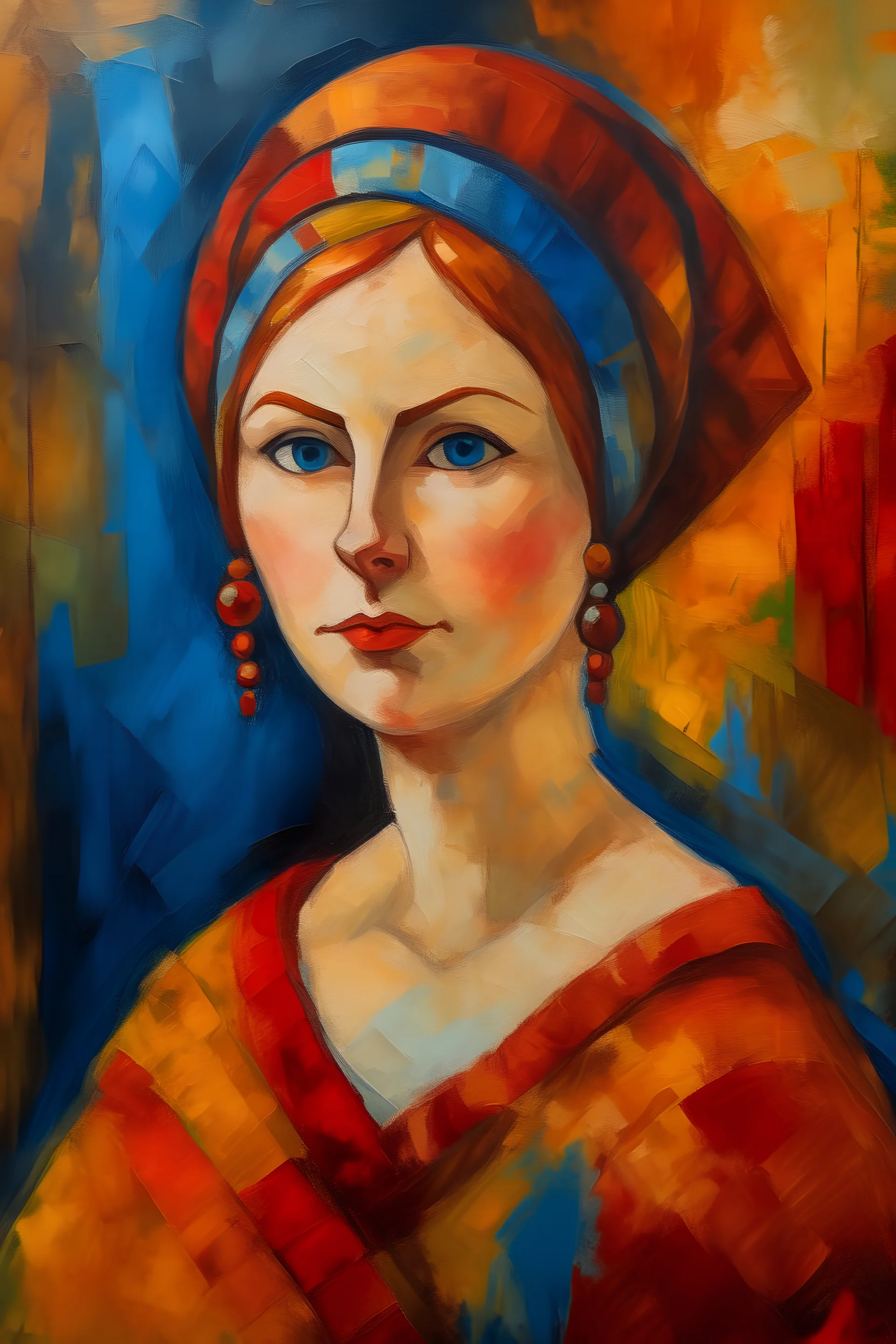 A painting of a woman in a symbolist painting style mixed with a post impressionist painting style