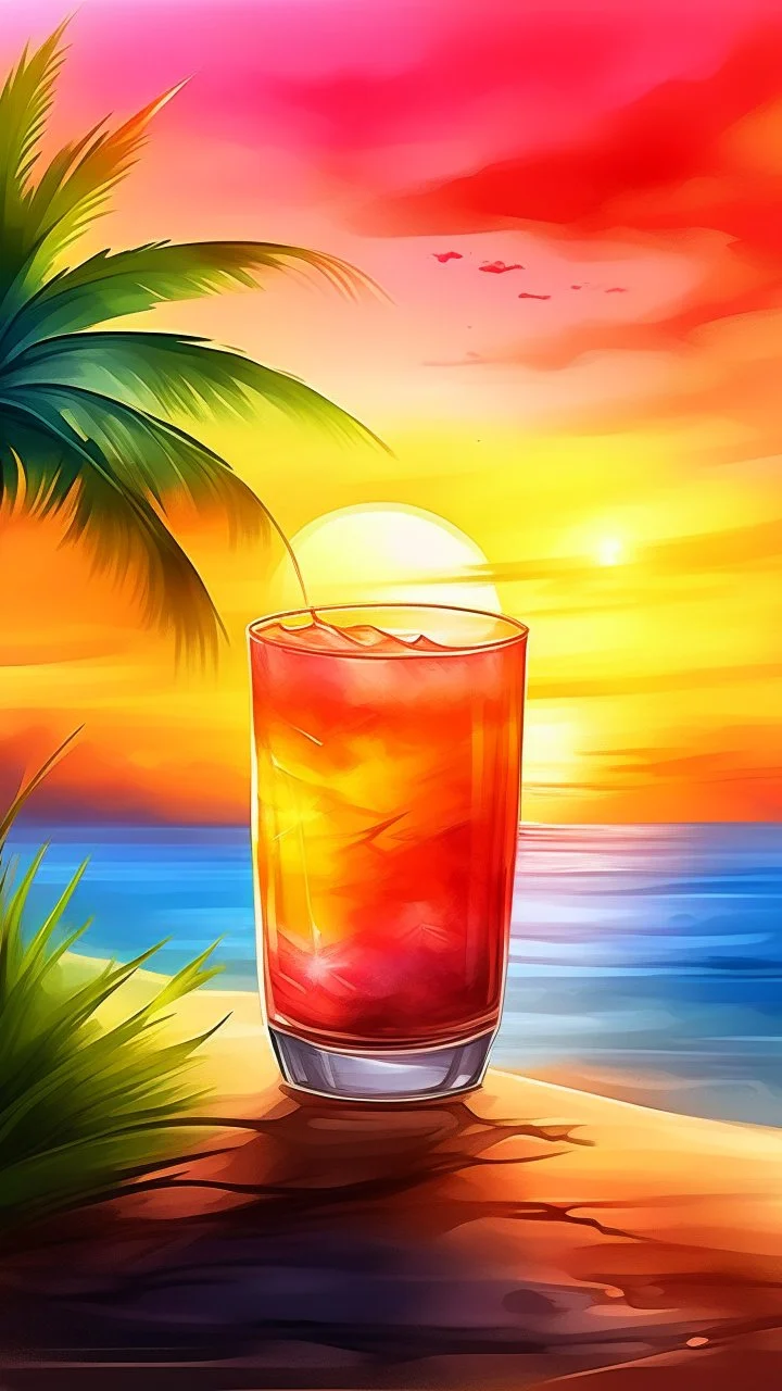 A refreshing tropical drink with a vibrant sunset in the background, rendered in a watercolor style.