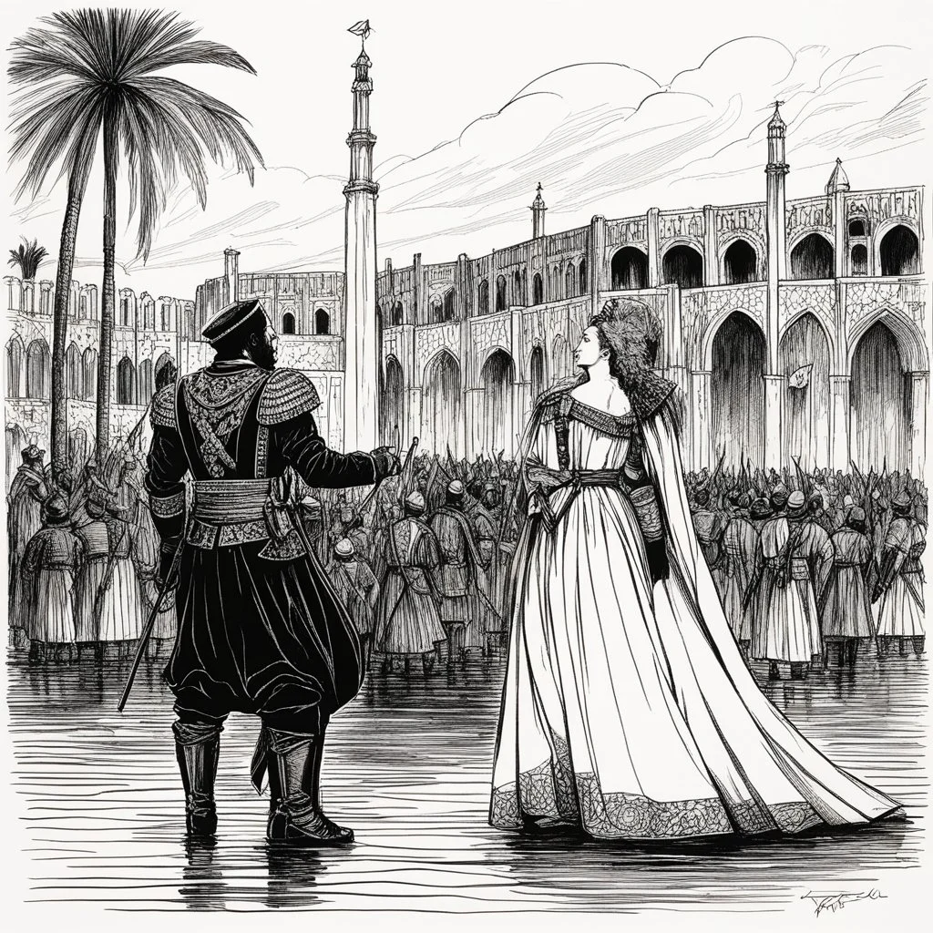 The Tragedy of Othello, the Moor of Venice, is a tragedy written by William Shakespeare. Set in Venice and Cyprus, the play depicts the Moorish military commander Othello as he is manipulated by his ensign, Iago, into suspecting his wife Desdemona of infidelity Record of Lodoss War style, Linework: Expressive, expressive black ink line art with variable stroke weights. Crisp contours define silhouettes while fine hatching adds subtle depth and form.