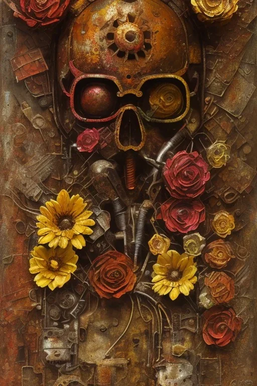 an abstract painting of rusted metal and flowers, african, rust, scaffolding, iron cladding, decay, mixed media, textured, anatomically correct, beautiful perfect face, sharp focus, highly detailed