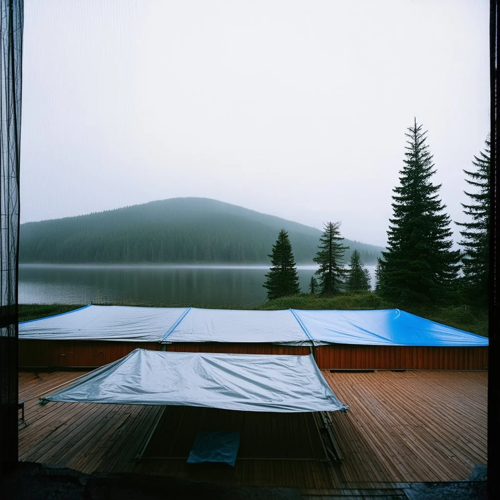 A polaroid photo of an odd room with structures. A transparent tarpaulin covers an image. There is a group of fir trees in the background and a high hill in the distance. A lake. The surface below is in a pastel color. Fog is present.