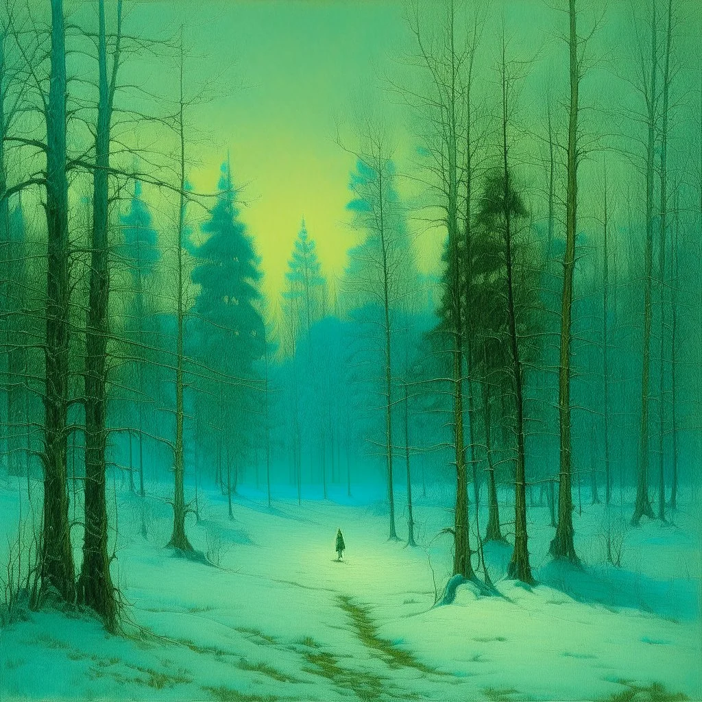 A cyan snowfield with evergreen trees painted by John Atkinson Grimshaw