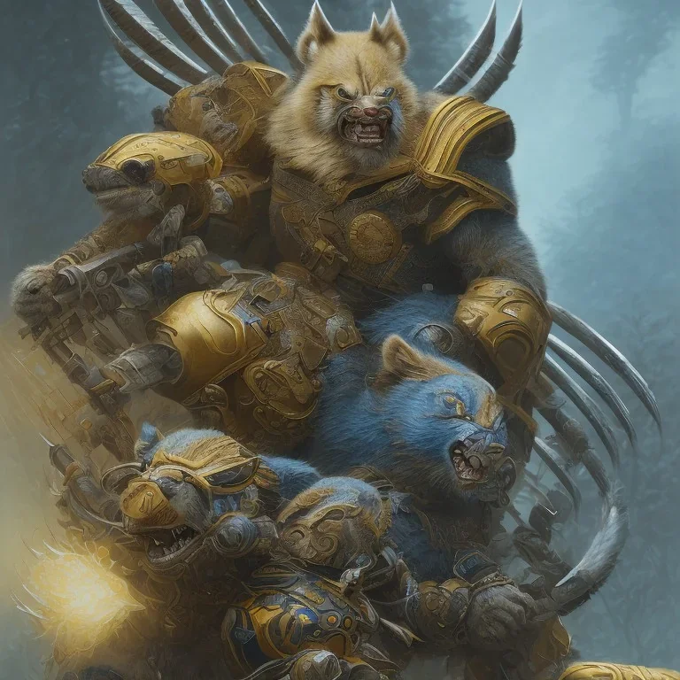 angry Wolverine warrior in Blue and yellow battle armor, a highly detailed illustration, background of Inka jungle, realistic render, 8 k, micro detail, intricate, elegant, centered, digital painting, Artstation, smooth, sharp focus, illustration, artgerm, tomasz alen kopera, peter mohrbacher, donato giancola, joseph christian leyendecker, wlop, boris vallejo