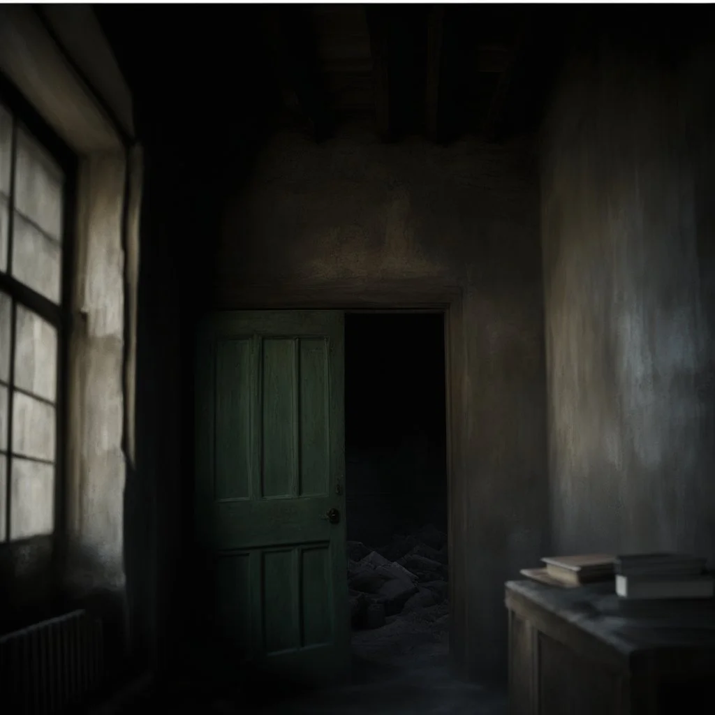 An ancient, weathered door stands in an abandoned house, shrouded in deep, engulfing darkness. The walls are rough and covered in moss and dust, with wooden beams crumbling and floors uneven. The faint light coming from a small particle of the philosopher's stone, placed mysteriously near the door, emits a warm, surreal glow, contrasting with the surrounding darkness. The stone’s light weakly illuminates the nearby area, casting long, eerie shadows. The atmosphere is thick with mystery and tensi