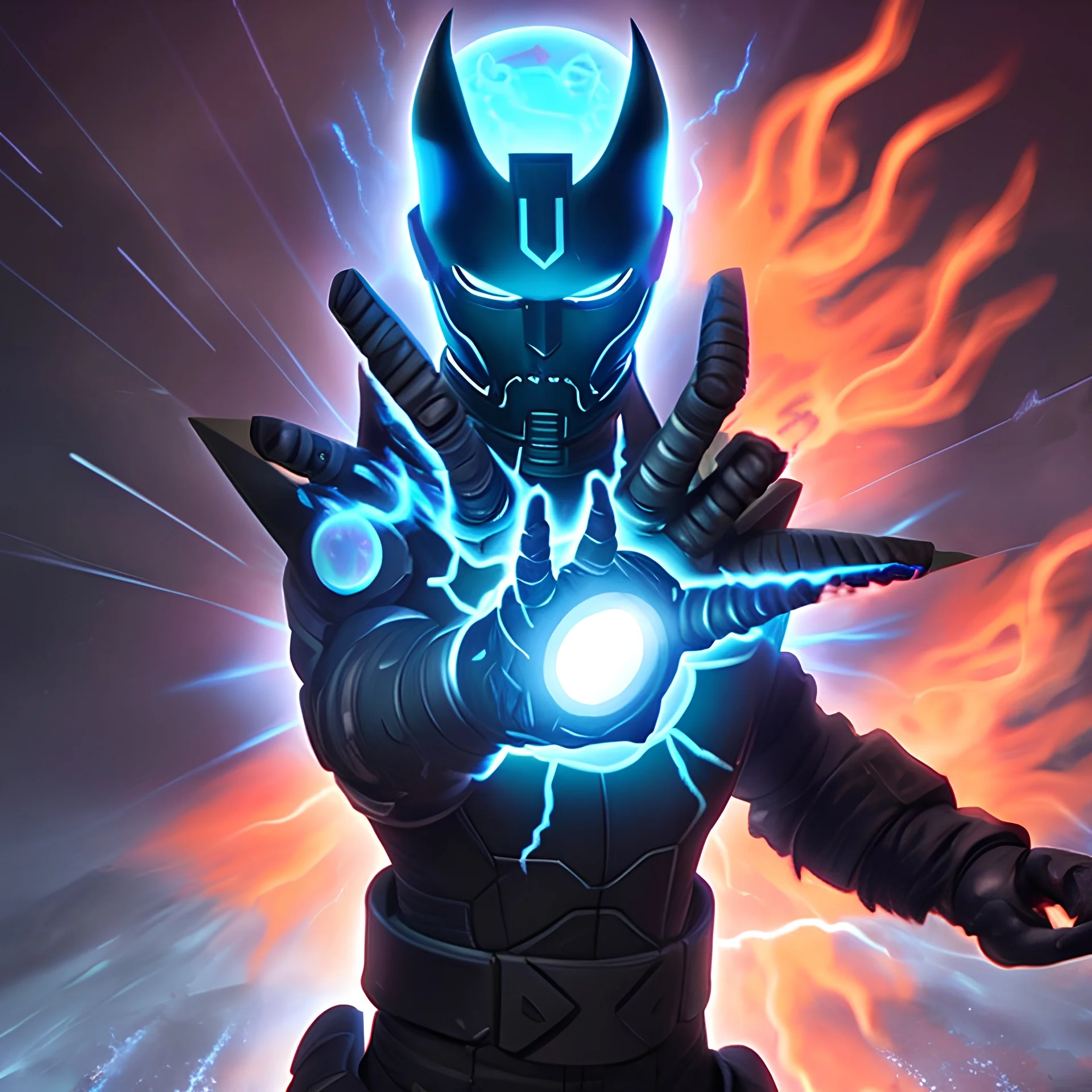 A commander wearing a matte black helmet with flaming eyes with flaming light blue pupils Two infinity gauntlets contain six infinity stones, one of which is made with nano In the hands of a powerful man walking