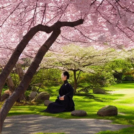 Samurai woman meditating in the shade of a Sakura tree