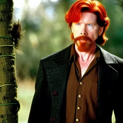 male actor Courtney Gains as a ruggedly handsome, roguish pirate, charismatic, attractive male, masculine, perfect, precisely detailed clear eyes, unblemished, flawless skin, softly freckled face; meticulously detailed multi-hued ginger carrot-colored cherry fire red hair; Malachai of the corn