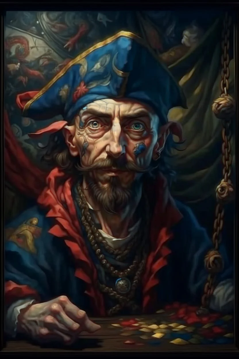 portrait of crazy art pirate thief in front of insane painting in the style of Escher, 4 k, down light, depth of field, trending on art station, high detail, cracked ground