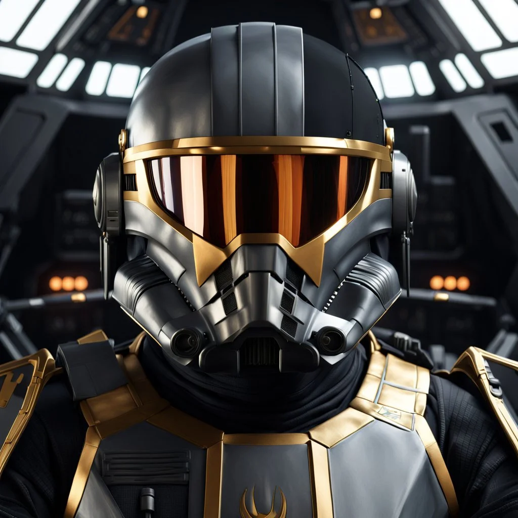 star wars bald male corellian pilot wearing dark gunmetal grey and black First Order special forces TIE pilot armored flightsuit and helmet with gold trim inside the jedi temple, centered head and shoulders portrait, hyperdetailed, dynamic lighting, hyperdetailed background, 8k resolution, volumetric lighting, light skin, fully symmetric details