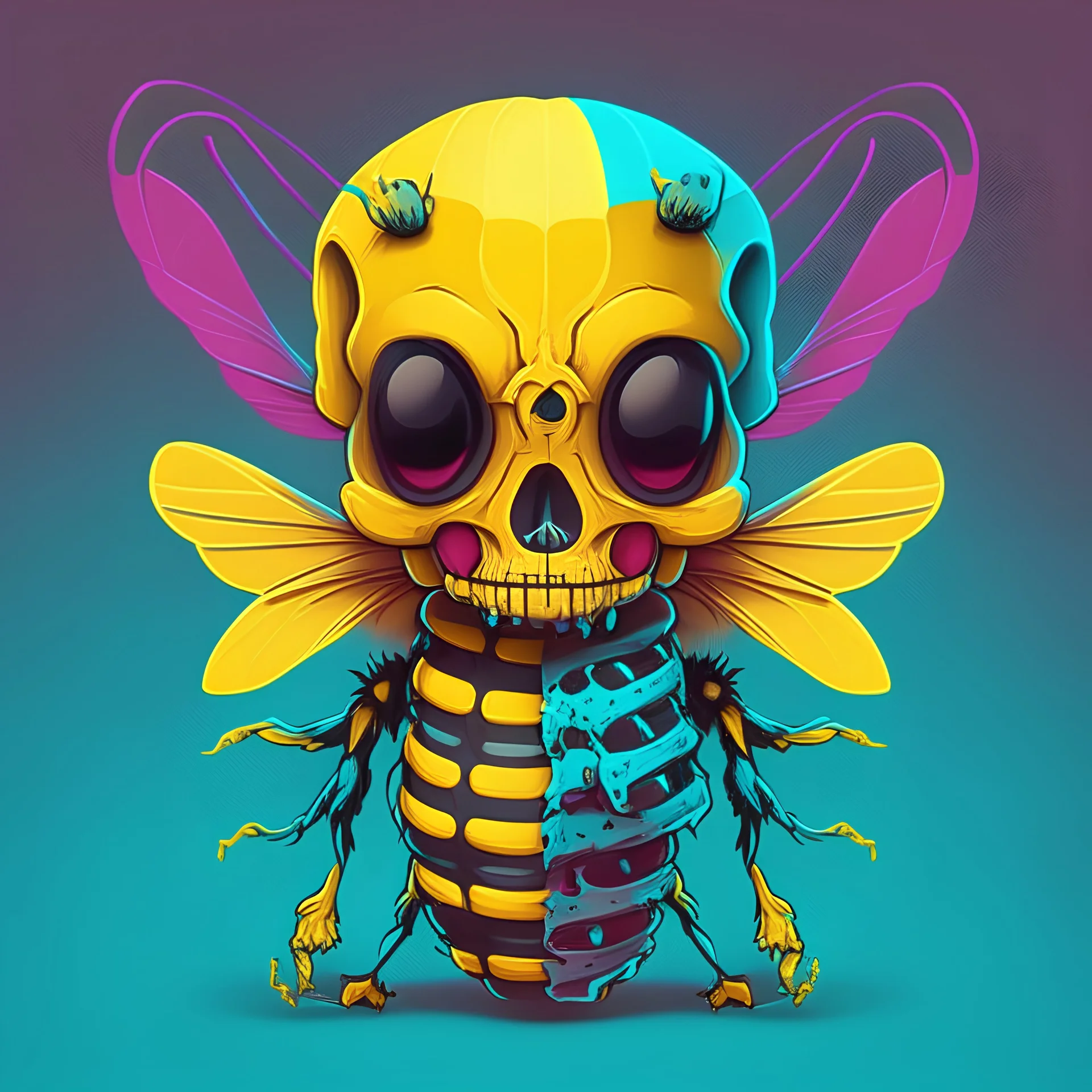 cartoon bee psychedelic skull with skeleton torso looking right colors bee hive colors