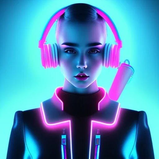 woman teenager, headphones, retro futuristic, braun, shaved hair, leather, gradient color, BLUE, PINK, CYAN, neon, insanely detailed, 16k resolution, perfect eyes, cinematic smooth, intricate detail