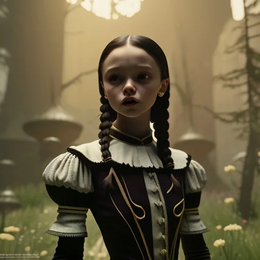 Full body, 3d render,Jenna Ortega, Wednesday addams 1800's women style, 1800's hair style, 1800's women clothes style, hyper realistic, octane render, unreal engine 5, 8k, palace background, uhd