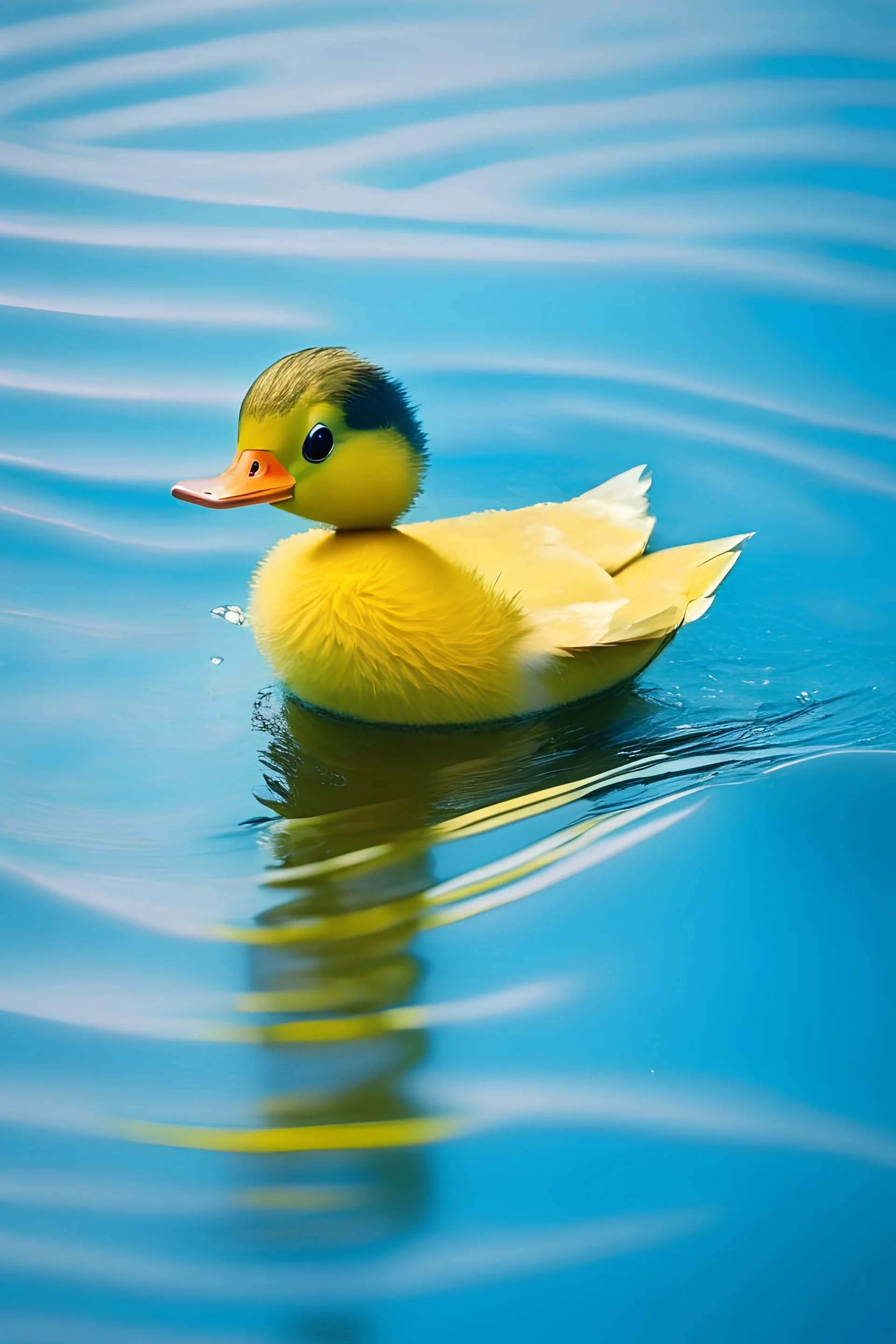 argly cute little yellow carton duck swiming on the blue and clear water.