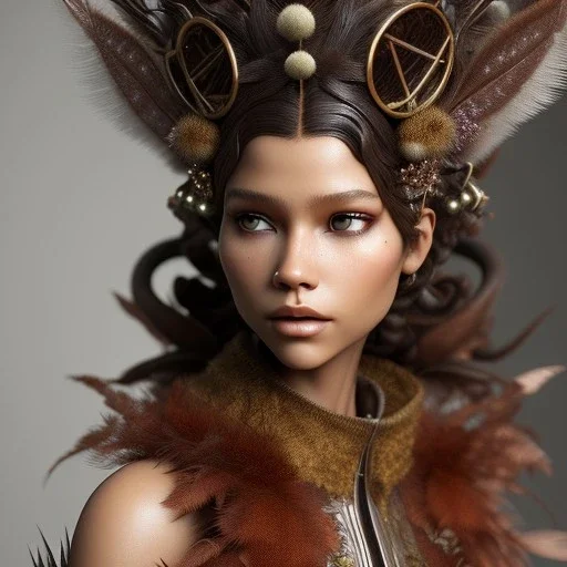 woolitize, zendaya, rusty metal, feathers, Dryad, fae, sidhe, ominous, nature, plants, wildflower, facepaint, dnd character portrait, intricate, oil on canvas, masterpiece, expert, insanely detailed, 4k resolution, retroanime style, cute big circular reflective eyes, Pixar render, unreal engine cinematic smooth, intricate detail , soft smooth lighting, soft pastel colors