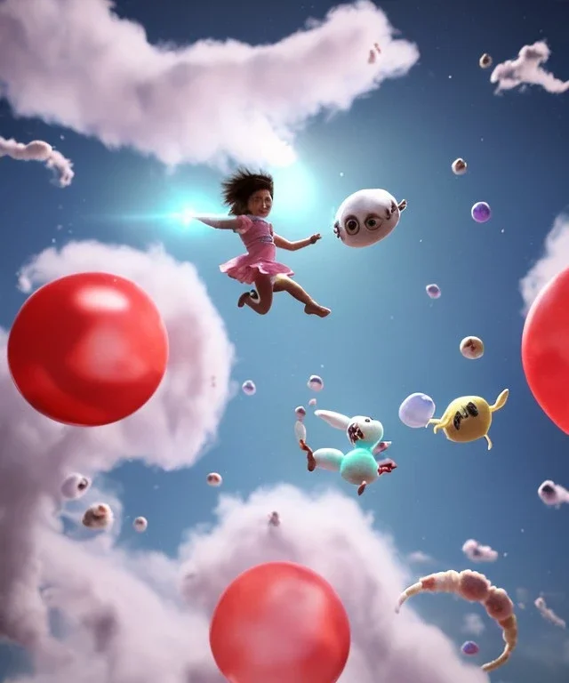 Ultra realistic speed clouds sky scene, wide angle view, child falling down with many Children background, rabbit head, inflatable monsters, circus dress style, feather color, free jumping flying, many trinkets, hair monster, many jelly beans, balls, color smoke, smile, happy, extreme, wind, clouds sea, 20,000 feet altitude, stratosphere, soft color, highly detailed, unreal engine 5, ray tracing, RTX, lumen lighting, ultra detail, volumetric lighting, 3d, finely drawn, high definition.