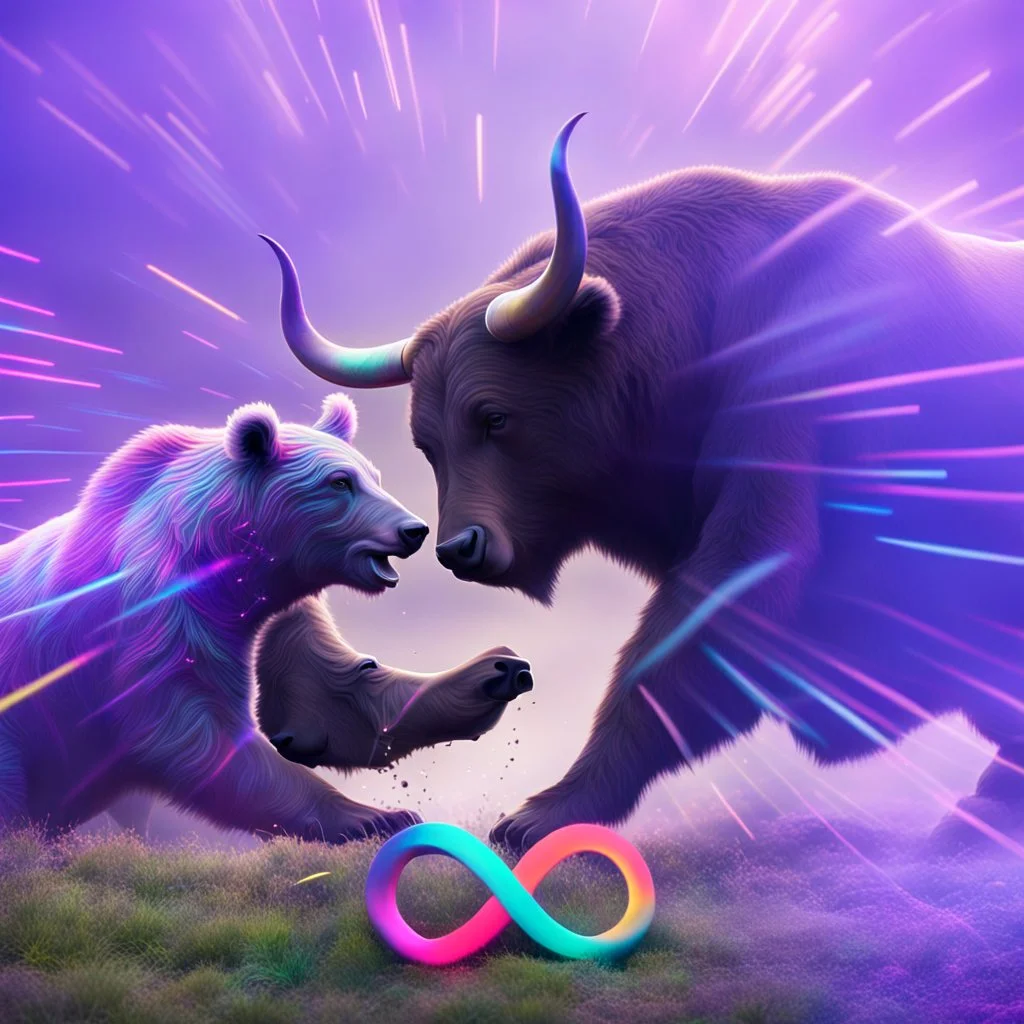 brightly coloured 3D infinity symbol ∞, bull with horns on right beating a bear on left in a fight, DSLR with a 80mm lens, set to f/16 and a slow shutter speed of 1/15s, striking, neon, vibrant, chiaroscuro, dramatic, captivating, high-tech, powerful, fantasy, beautiful, octane render, 16k post-production, artstation: award-winning: atmospheric: commanding: fantastical: clarity: ultra quality: striking: brilliance: stunning colors: amazing depth; lens: f/11, 35mm