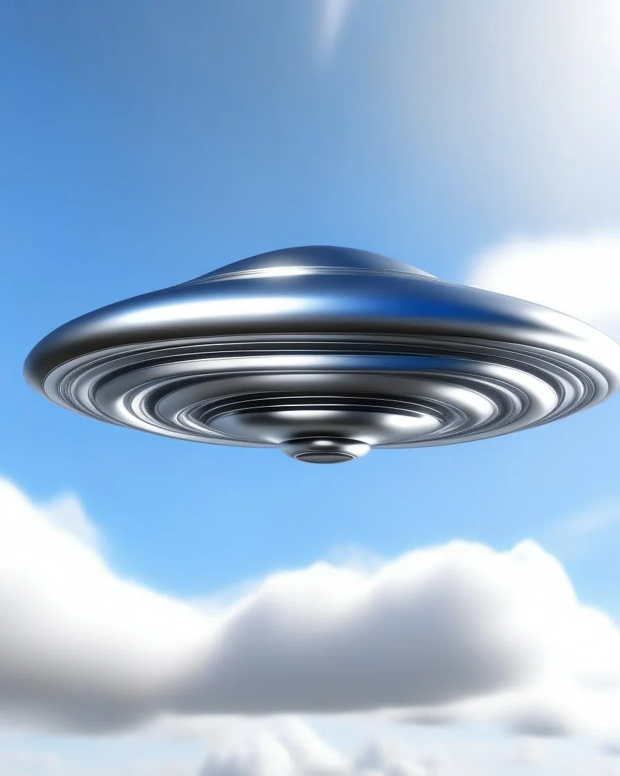 Design a futuristic, silver UFO hovering in a clear blue daytime sky, photorealism