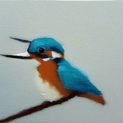 tiny oil painting of tiny kingfisher, plain white background, solid white background, tiny white canvas, tiny white frame, plain white wall, melancholy, tender, moody, vintage, delicate arrangement, beautiful composition, etsy, aesthetic layout, plain solid white background