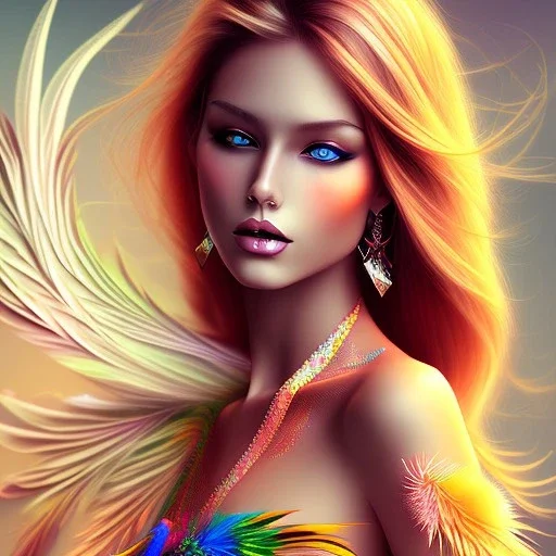 beautiful women with colorful feathers