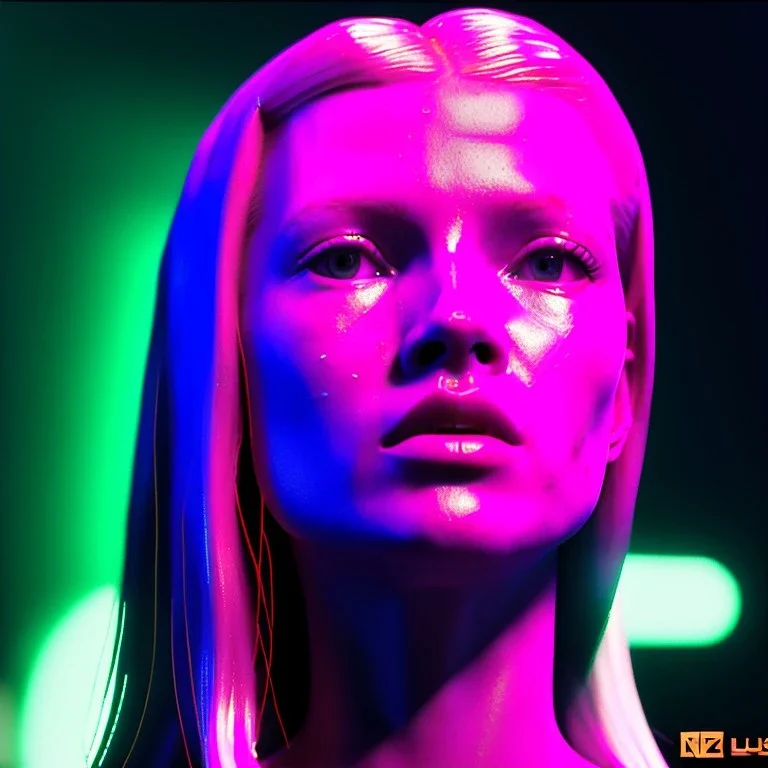 young kate moss, blonde replicant woman, blade runner style, rain, fog, neon ambient, gradient color, clean skin, circuits, latex coat, cyber punk, neon, tubes, portrait, studio photo, unreal engine 5, smooth color, 16 bit, god lights, ray tracing, RTX, lumen lighting, ultra deatail, volumetric lighting, 3d, finely drawn, hd.