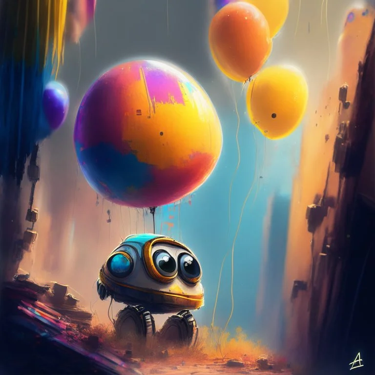 Wall-E, digital art, anime, 4k, full details, high resolution, colorful, alone, balloons, cinematic