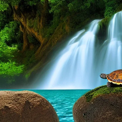 turtle and waterfall and house