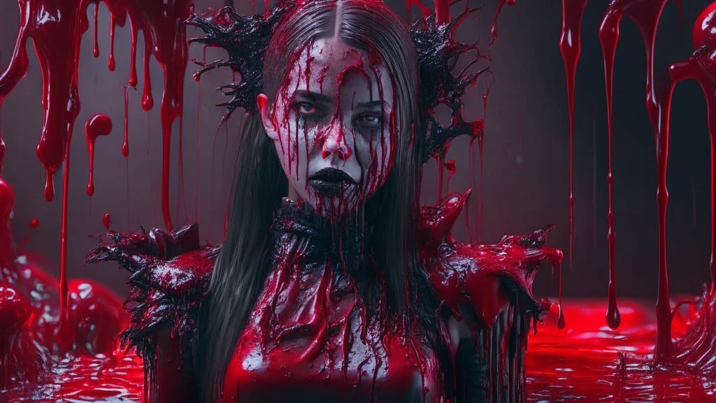 darkred slime Goth girl, realistic photograph , 3d render, octane render, intricately detailed, cinematic,