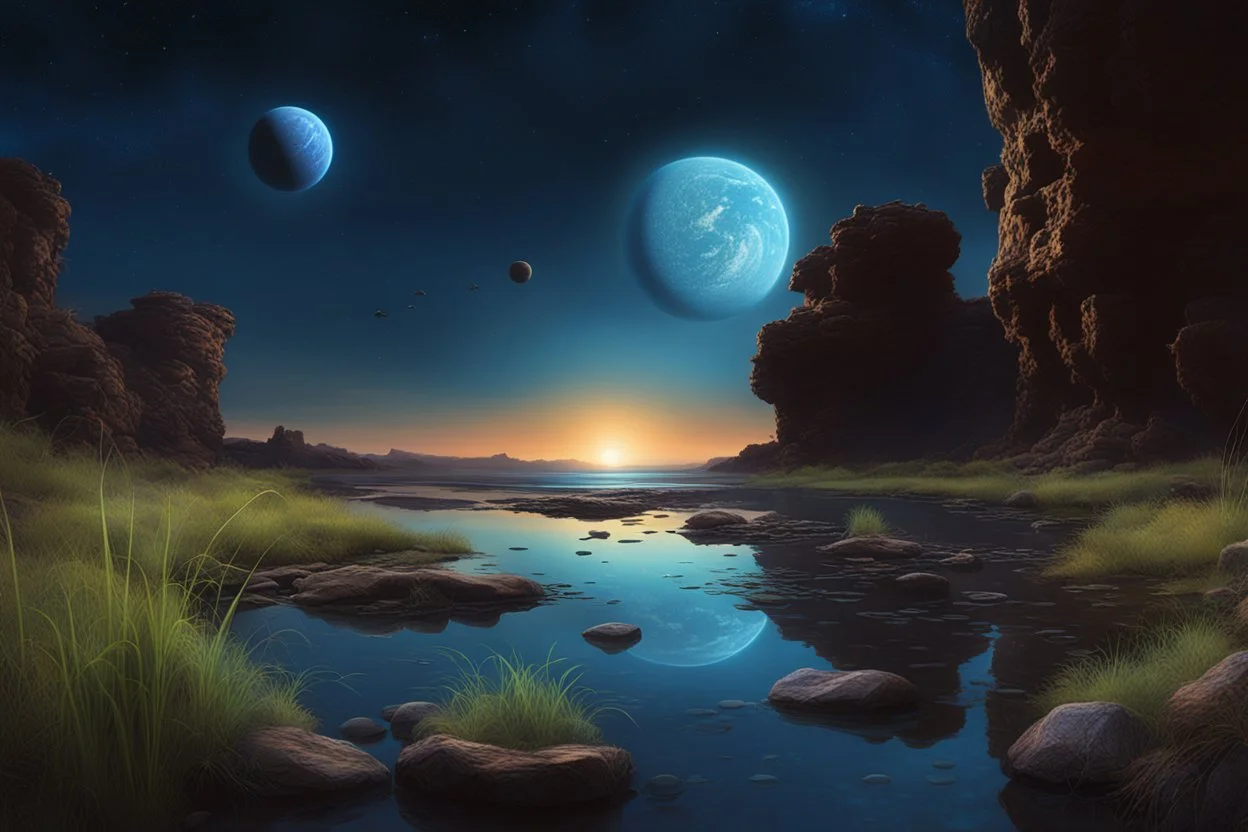 Dark blue sky with one exoplanet in the horizon, rocks, cliffs, puddle, weeds, sci-fi movies influence, movie wallpaper, epic, ernest welvaert and charles leickert impressionism paintings