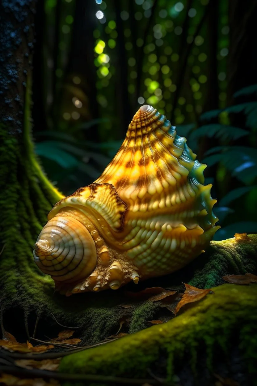 The "Luminous Conch" - An ancient, giant conch shell found in the heart of the bioluminescent forest. When blown, it emits a mesmerizing melody that can manipulate the behavior of the planet's unique marine creatures. , photo-realistic, shot on Hasselblad h6d-400c, zeiss prime lens, bokeh like f/0.8, tilt-shift lens 8k, high detail, smooth render, down-light, unreal eng