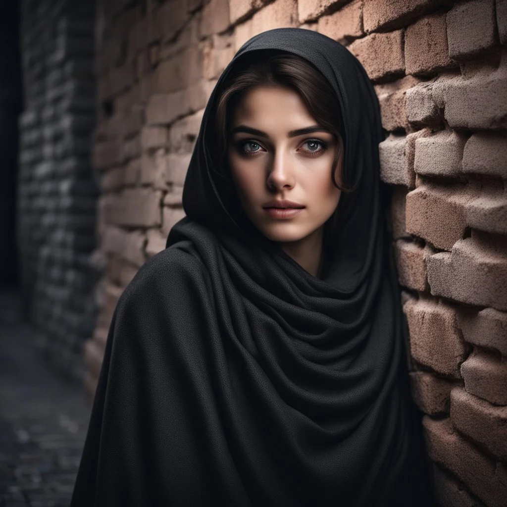 Hyper Realistic Young-Beautiful-Pashto-Women-With-Beautiful-Eyes in black shawl peeking-half-faced from a cracked-brick-wall at night with dramatic & cinematic ambiance