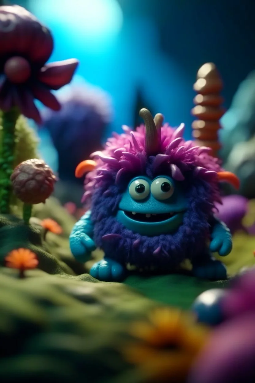 portrait of fluffy toy wolly illithid mind flawyer in a water slide holding weird flowers in his trunk in the style of pixar, on a strange planet with weird colors and wind turbines, bokeh like f/0.8, tilt-shift lens 8k, high detail, smooth render, down-light, unreal engine, prize winning