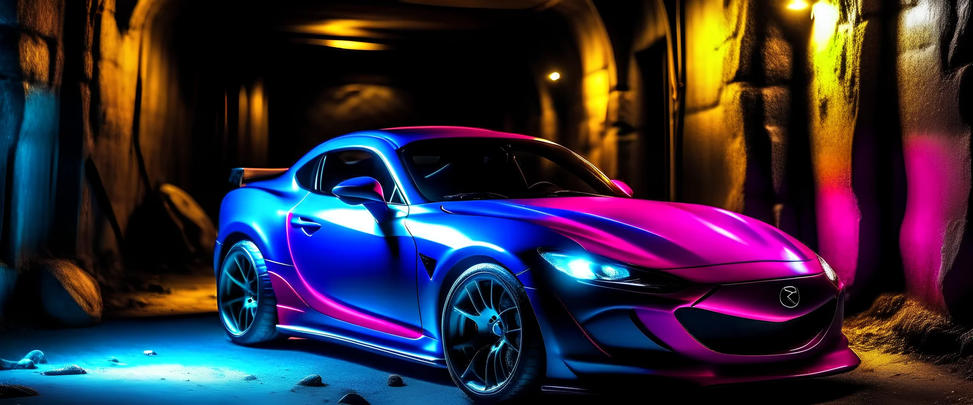 mazda rx-8 in neon style with purple, pink and lightblue colour in beautyfull caves
