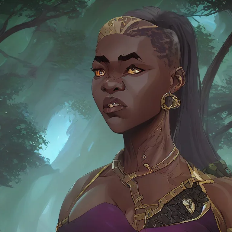 femme africaine lèzard guerrière heroic fantasy dans une forêt de sapins sur un astéroide