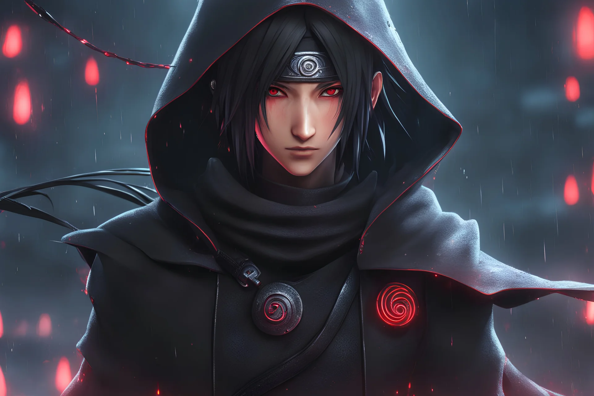 Itachi Uchiha in 8k nier automata artstyle, Uchiha Custom, neon effect, close picture, rain, fantasy world, intricate details, highly detailed, high details, detailed portrait, masterpiece,ultra detailed, ultra quality