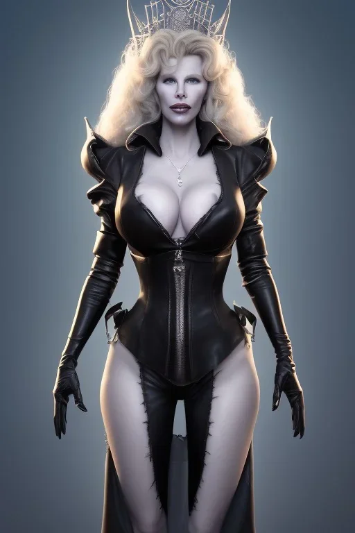 Kim Basinger as evil queen in black leather, busty, cleavage, curvy, angry, stern look. character design by cory loftis, fenghua zhong, ryohei hase, ismail inceoglu and ruan jia. unreal engine 5, artistic lighting, highly detailed, photorealistic, fantasy