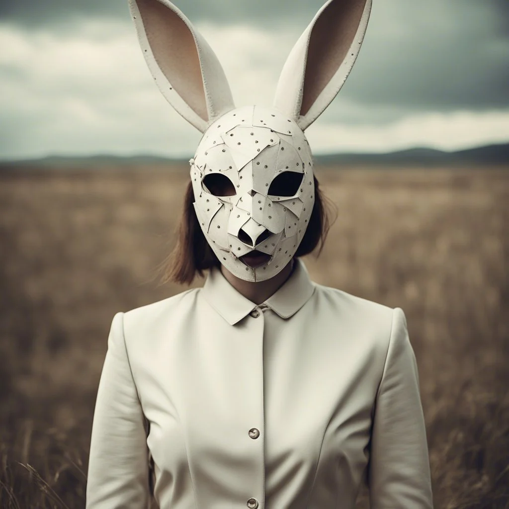 Surrealist vintage photo of a woman wearing eerie white broken leather rabbit mask with hollow eyes, in a desolate rural setting, vintage-styled, stained body, overcast lighting, shot with a shallow depth of field to emphasize the haunting mood.