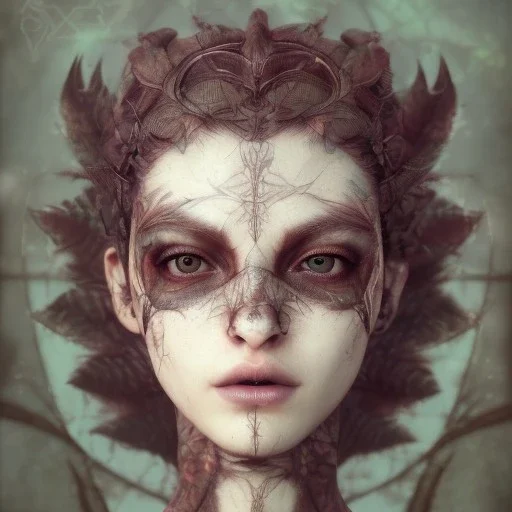 karlan, rusty metal, feathers, Dryad, fae, sidhe, ominous, nature, plants, wildflower, facepaint, dnd character portrait, intricate, oil on canvas, masterpiece, expert, insanely detailed, 4k resolution, retroanime style, cute big circular reflective eyes, cinematic smooth, intricate detail , soft smooth lighting, soft pastel colors, painted Renaissance style