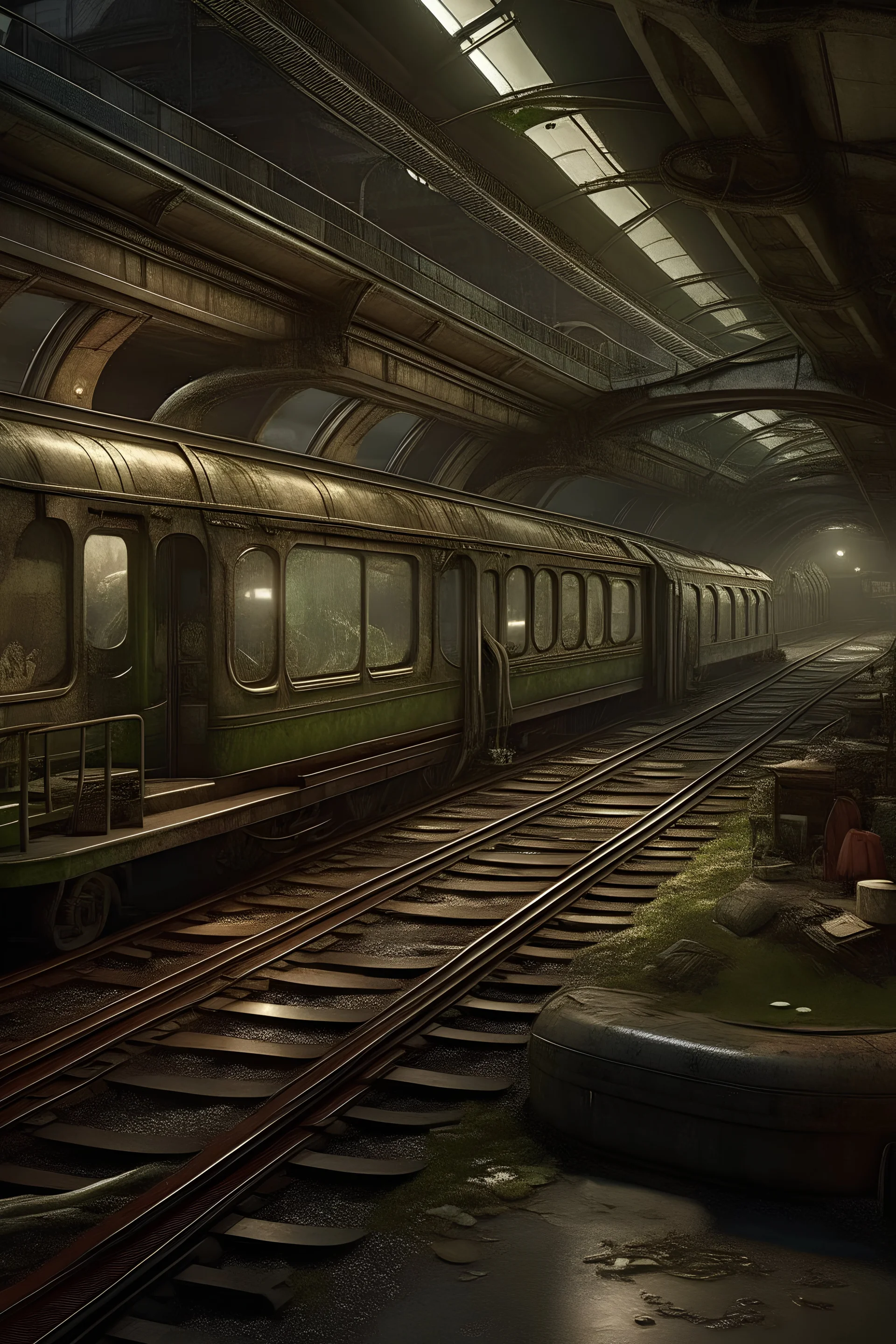 underground steampunk metro tracks, lots of people living there, full eco system, no natural light