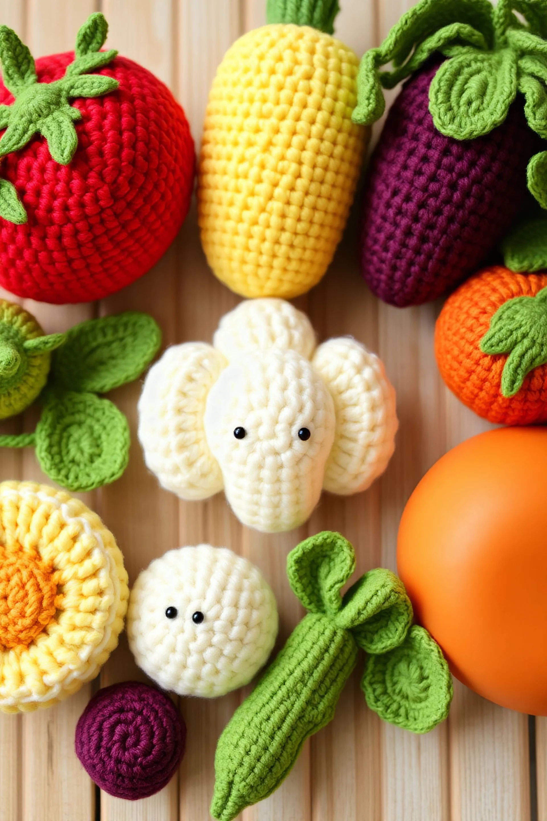 Crocheted fruits and vegetables.