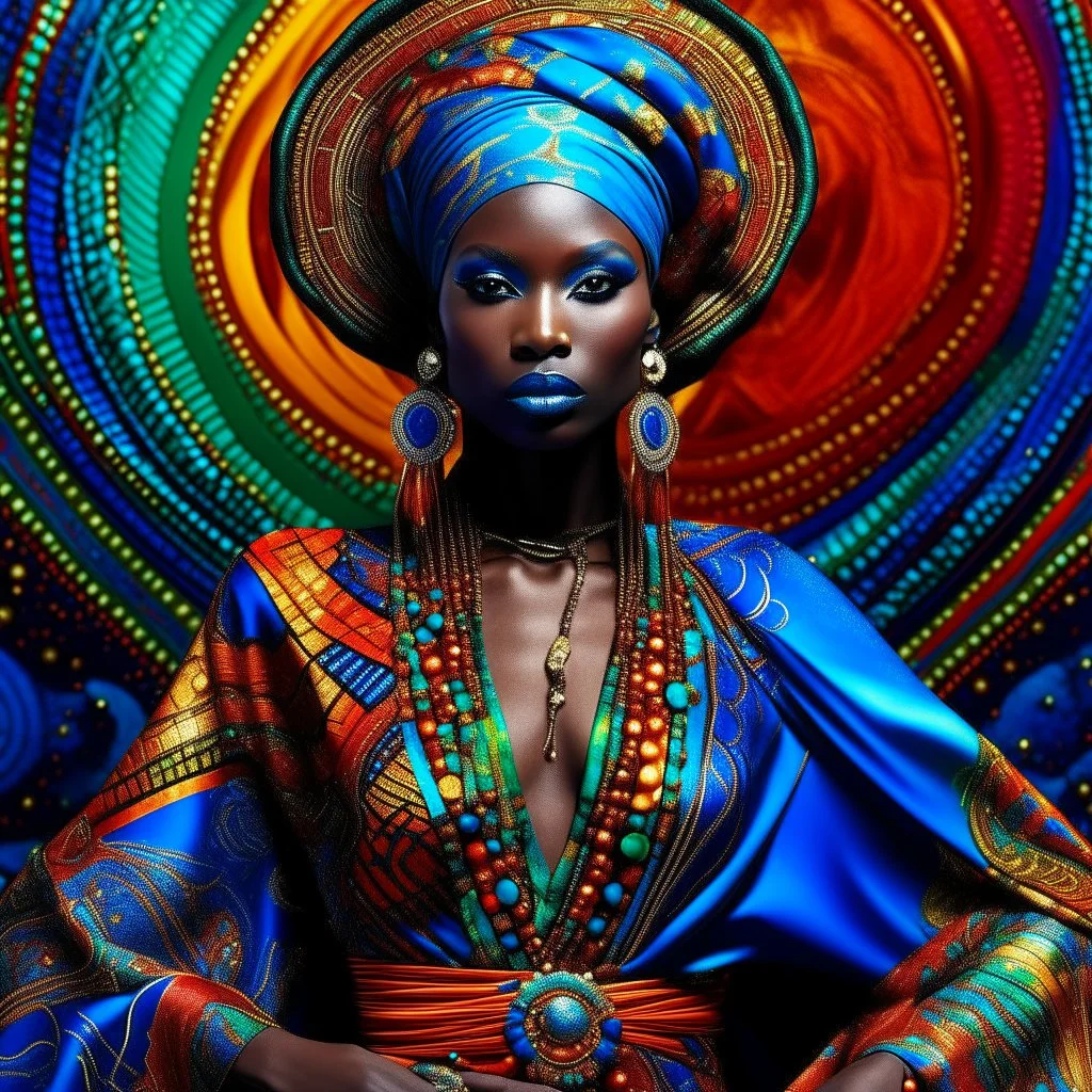 Resplendent cosmic moire pattern goddess, mystical afrofuturism, intricate tattoos, ornate jewelry, colorful shiny metallic makeup, moire silk robes, radiant celestial aura, ultra - sharp details, dynamic composition, unusual angle, bokeh::5 Artwork by Hassan Hajjaj::1 Artwork by Omar Victor Diop::1 Artwork by Mary Sibande::1 Artwork by Viviane Sassen::1 Artwork by Aida Muluneh::1 Artwork by Delphine Diallo::1 Artwork by Ingrid Baars::1 --v 5.1 --style raw --c 25 --s 1000