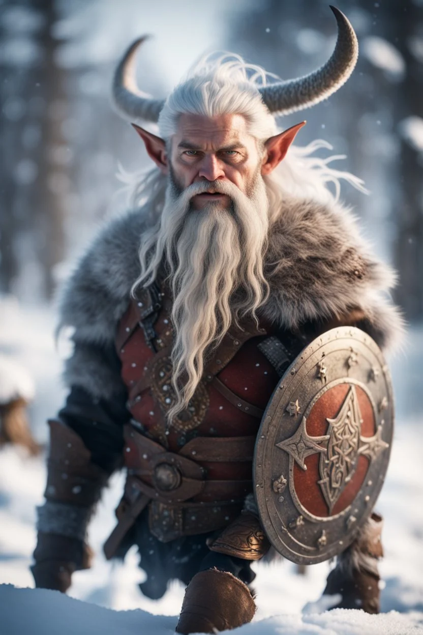 knee deep in snow, epic hero elven gremlin viking with wild hair, short ears, and big holy ornamented shield Under stjerners gnist Vi går som ett, vår tro et løfte ,bokeh like f/0.8, tilt-shift lens 8k, high detail, smooth render, down-light, unreal engine, prize winning