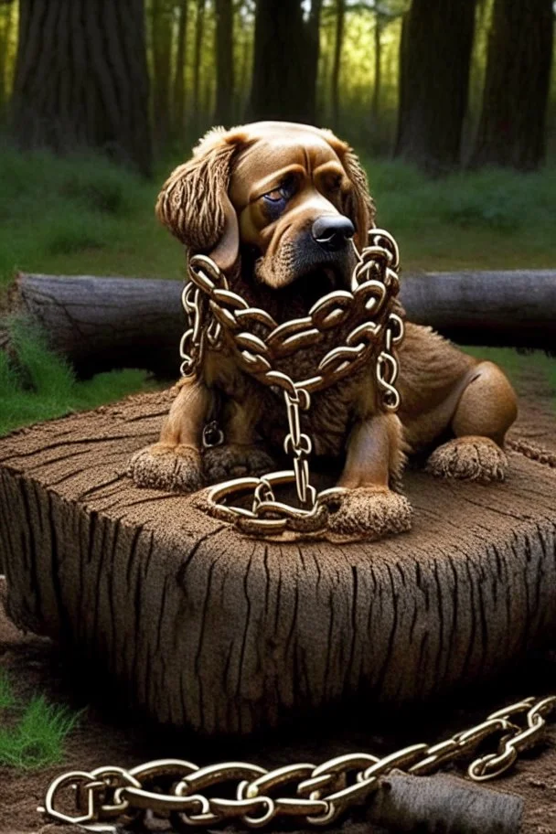 Backyard dog chain attached to a giant log made of feces