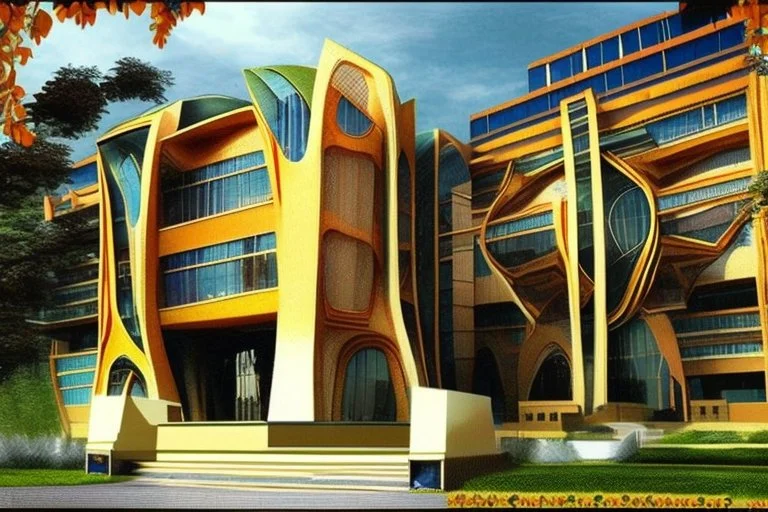 Worlds best building design for a college campus. Unique and brilliant architectural design. Use Indian hindu style mixed.