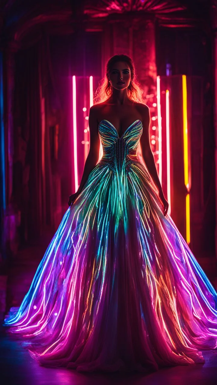 Photography Beautiful woman with dress art neons glowing bright light in the dark and colorful details