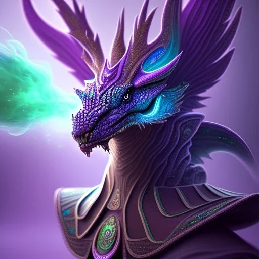 purple mythical creature in galaxy, teal and purple smoke, detailed, realistic, 4k