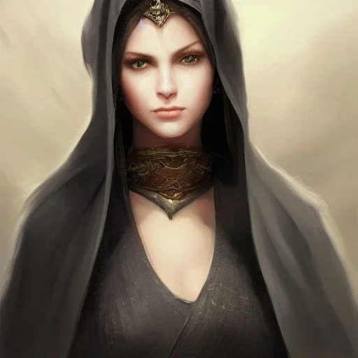 a _ fantasy _ style _ portrait _ painting _ of beautiful white female black silky hair short head smirk round face hood robe rpg dnd oil _ painting _ unreal _ 5 _ daz. _ rpg _ portrait _ extremely _ detailed _ artgerm _ greg _ rutkowski _ greg