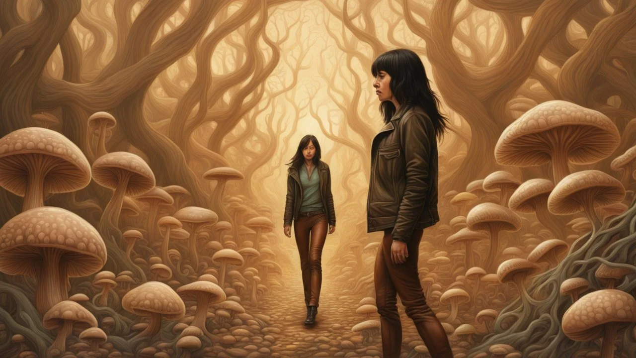 woman with black hair, in light brown leather trousers and jacket, walking through a forest of Alien mushrooms with jellyfish tentacles, photorealistic, Deep Colour, Intricate Detail, Keith Parkinson