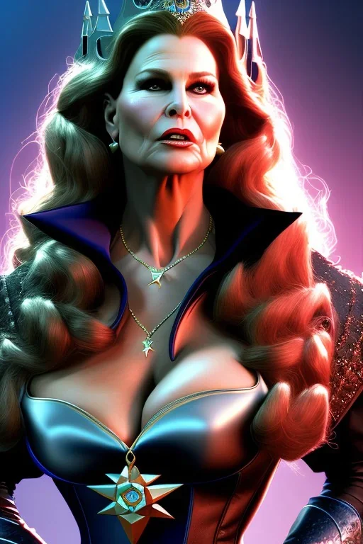 Jennifer Coolidge as evil queen in black leather, busty, cleavage, angry, stern look. character design by cory loftis, . unreal engine 5, artistic lighting, highly detailed, photorealistic, fantasy