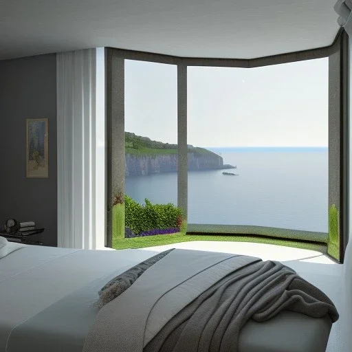 une chambre à coucher de 4 x 3.2 metres, avec une grande baie vitrée de 2.7 metres de large sur 200 de haut, avec vue sur jardin avec la mer en bas du jardin au dessus d'une petite falaise. Décoration baroque