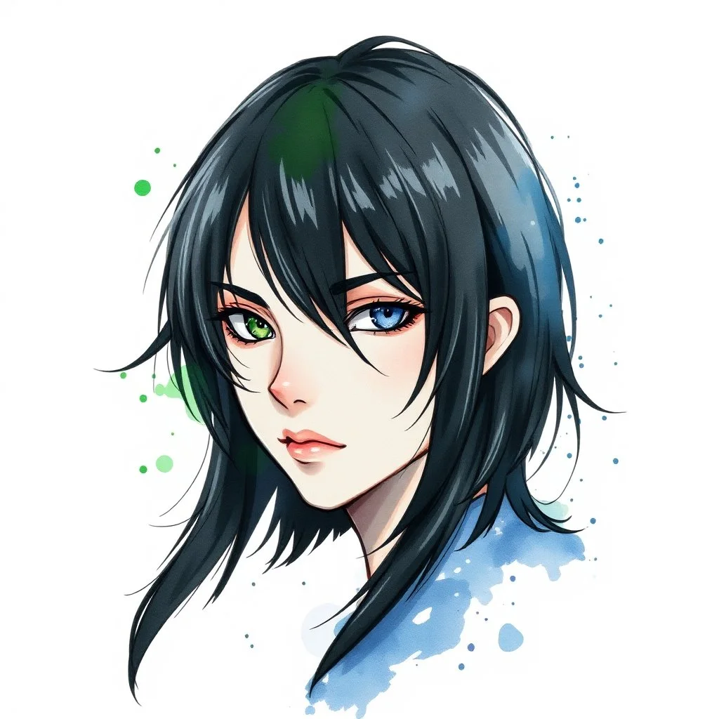 a headshot of an androgynous person with shoulder length black hair, one green eye and one blue eye, intricately detailed, watercolor splash art, brushstrokes